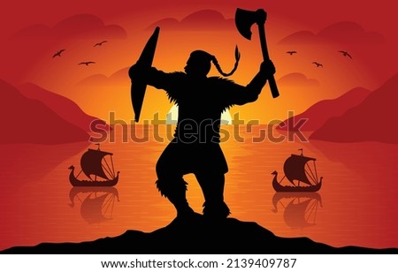 This colorful image illustrates a Viking warrior with an ax and a shield screaming at the top of his voice