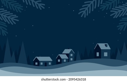 This colorful image illustrates a winter background, a vector frame with a starry sky, branches of a Christmas tree, drifts of snow, and cozy houses