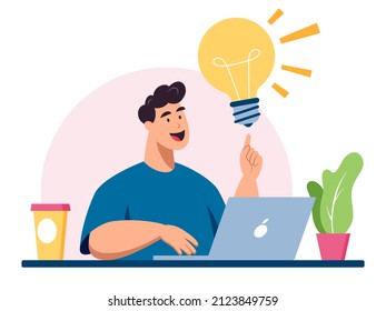 This colorful image illustrates a young man having a good idea