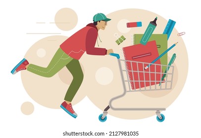 This Colorful Image Illustrates A Young Freshman College Student With A Big Cart Overflowing With Stationery Items