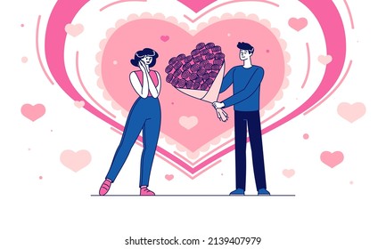 This colorful image illustrates a young man surprising his girlfriend with a bouquet of roses on Valentine's day