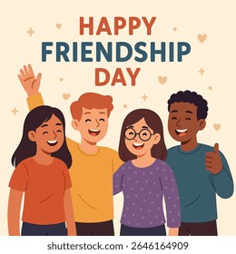 Esta é uma ilustração vetorial colorida e inclusiva que representa um grupo diversificado de quatro jovens amigos, sorrindo e abraçando, com o texto "FELIZ DIA DA AMIZADE" acima deles. 