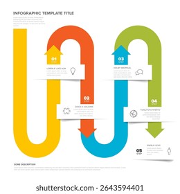 This colorful infographic template is a Curved Process Infographic with 5 steps. Use this process infographic template to visualize steps and workflow along a curved path.