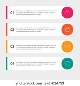 This is a colorful infographic template with four numbered sections, each featuring a different colored icon and a brief description. The template is designed for user information and data visualization, making it perfect for presentations, reports, and educational materials. The modern design and vibrant colors make it visually appealing and engaging. The template can be customized to fit various needs and is suitable for a wide range of topics and industries.