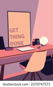 This colorful interior illustration depicts a cozy workspace with a purple and pink color scheme. A desk and chair invite creativity and productivity, while decorative accents add a touch of whimsy.