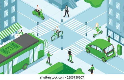 This colorful isometric illustration depicts modern city eco transport, people riding eco-friendly vehicles: bicycle, hoverboard, electric scooter, electric cars, and etc.