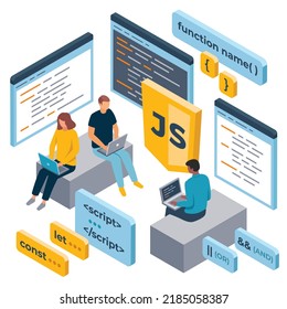 This colorful isometric illustration shows the programmers building a program using the JavaScript programming language