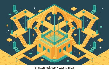 This Colorful Isometric Illustration Shows An Optical Escher Labyrinth, A Paradoxical World In Which An Architectural Structure Has Been Created That Unites Three Realities