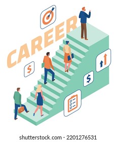 This colorful isometric image illustrates the career ladder,  progression from entry-level positions to higher levels of pay, skill, responsibility, or authority