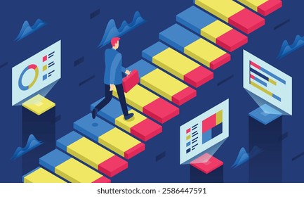 This colorful isometric image illustrates the career ladder, progression from entry-level positions to higher levels of pay, skill, responsibility, or authority