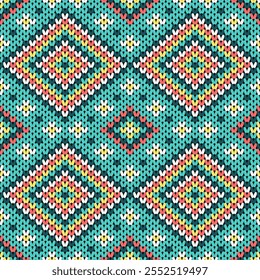 This is a colorful knitted pattern with diamond-shaped motifs, featuring turquoise, yellow, red, and white, creating a vibrant, symmetrical textile design.