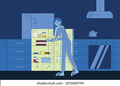 This colorful line art illustration shows a cute girl who sneaked into the kitchen at night to eat a slice of delicious cake