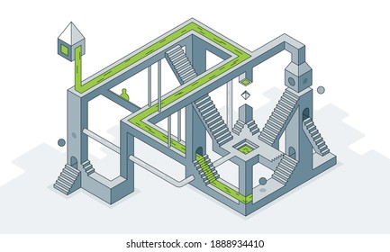 This colorful line art illustration shows an optical labyrinth of staircases running at different angles