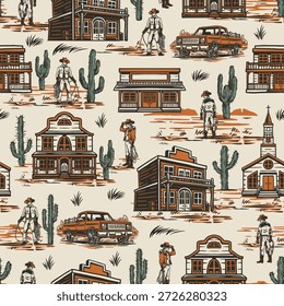Este padrão colorido mostra uma cidade ocidental vintage com cowboys carros clássicos cactos e edifícios tradicionais evocando o espírito do Velho Oeste de uma forma divertida e artística.