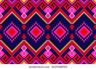This colorful seamless pattern blends traditional ethnic aesthetics with a modern pop color palette. Inspired by tribal weaving designs from Southeast Asia, it is suitable for fashion collections, tex