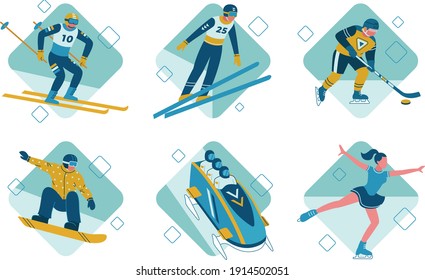 Este es un colorido conjunto de ilustraciones planas. En cuanto a los deportes de invierno: patinaje, patinaje artístico, hockey sobre hielo, esquí y otros