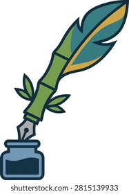 This is a colorful vector illustration depicting a feather quill pen with a bamboo-style shaft resting above an inkwell, featuring green leaves.