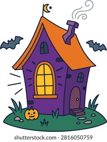 This is a colorful vector illustration depicting a cartoon haunted house with a pumpkin, bats, and a crescent moon. The house features an