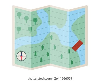 This colorful vector illustration depicts a folded paper map showcasing various landscape features including forests rivers and open terrain. A red marked area indicates a specific location or destina