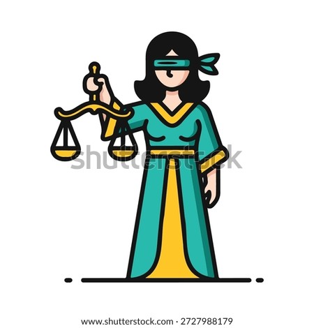 This colorful vector illustration depicts Lady Justice as a symbolic representation of moral force in judicial systems. She holds the traditional scales of balance while wearing a blindfold to signify impartiality and objectivity.