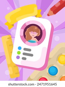 This colorful vector illustration features a girl's profile on an ID card, surrounded by school supplies. Ideal for projects on education, e-learning, and creativity, showcasing a playful and whimsica