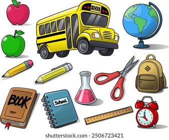 Esta colorida Ilustración vectorial presenta varios artículos relacionados con la escuela, incluyendo un autobús escolar amarillo, un globo terráqueo, una manzana, un lápiz, tijeras, una mochila, etc