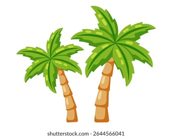 This colorful vector illustration features two stylized palm trees with vibrant green fronds and textured brown trunks. The artwork is rendered in a clean flat design style making it ideal for project