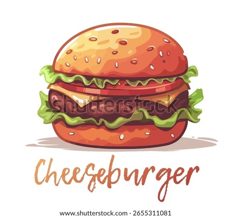 This colorful vector illustration showcases a mouthwatering cheeseburger, complete with layers of fresh lettuce, cheese, and a juicy beef patty, all nestled in a toasted sesame seed bun