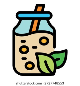 Esta colorida Ilustración vectorial muestra un vaso de té de burbujas con perlas de tapioca, una pajita y hojas de té verde