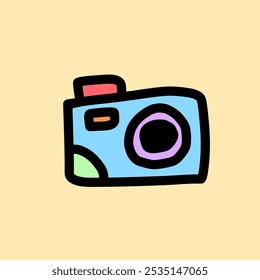 This is a colorful vector illustration of a simple camera. The body is light blue with pastel accents in pink, green, orange, and red. The design is outlined in black.