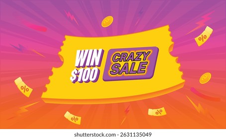 Este Voucher colorido vencedor apresenta o texto Ganhar $100 e Crazy Sale. É ideal para marketing, promoções e publicidade de eventos especiais.