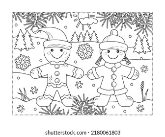 This is coloring page with gingerbread man and gingerbread girl walking in outdoor winter scene.
