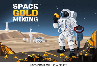 This colourful flat illustration shows an astronaut who mines gold on a cosmic celestial body