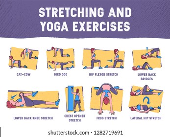 This colourful illustration demonstrates in detail how to execute correctly exercises for the stretching and yoga