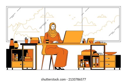 This colourful illustration shows a beautiful Arabic businesswoman working in her office