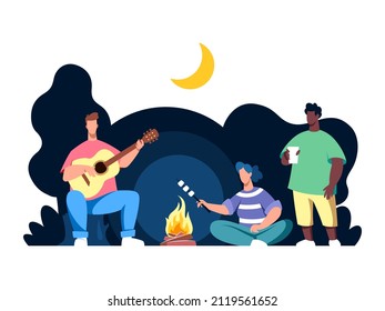 This colourful illustration shows a cheerful group of friends enjoying a vacation together and having a picnic outdoor