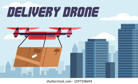 This colourful illustration shows a city drone delivering a package 