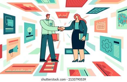 This colourful illustration shows collaborations the process of two people working together to complete a task or achieve a goal