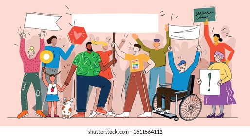 This colourful illustration shows a group of protesters, they are holding banners, flags and placards