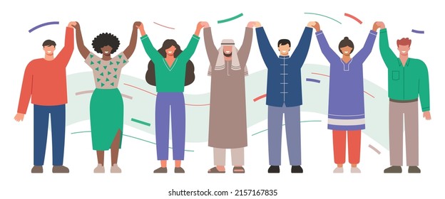 This colourful illustration shows a multicultural group of people standing together