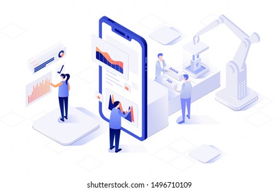 This colourful illustration shows the process of creating mobile applications using front-end and back-end software