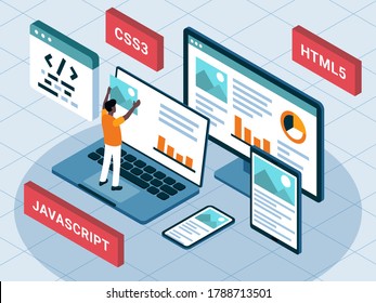 Esta colorida ilustración muestra el proceso de creación de sitios web y aplicaciones móviles mediante software front-end