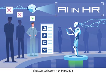 Esta colorida ilustración muestra un robot con inteligencia artificial eligiendo gente de negocios para contratar