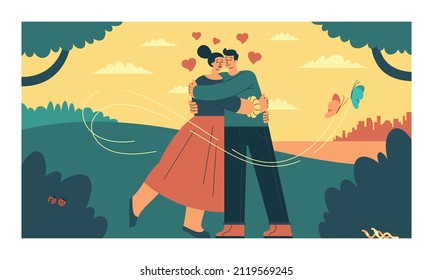 This colourful illustration shows a romantic young couple cuddling at the park