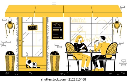 Esta colorida ilustración muestra a jóvenes almorzando en un café callejero