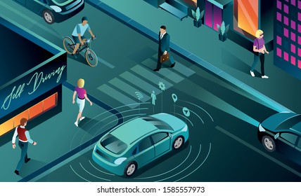 This colourful isometric illustration shows a smart car in city traffic with sensor autonomous drive on road city 