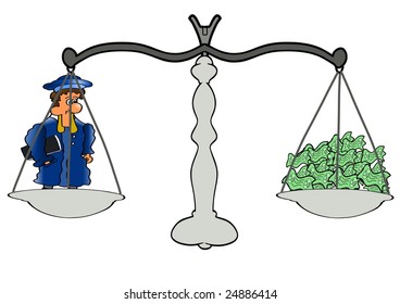 This comic illustration depicts a balance  with lawyer and money