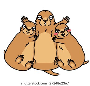Esta é uma ilustração cômica e fofa de três marmotas se abraçando.