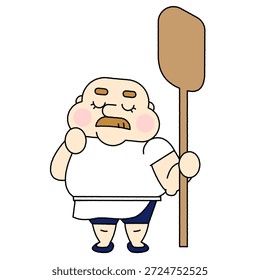 Dies ist eine komische Illustration eines handwerklichen Mannes, der darauf wartet, dass seine Pizza gebacken wird.