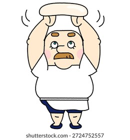 This is a comical illustration of a craftsman-like man rolling and stretching pizza dough.